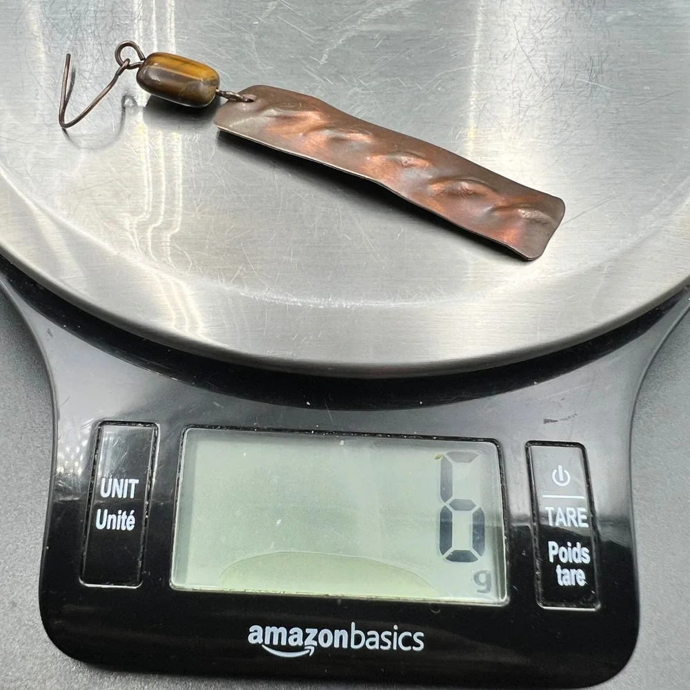 Handmade Copper Tigers Eye Dangle‎ Earrings Rectangle Hammered 3.25